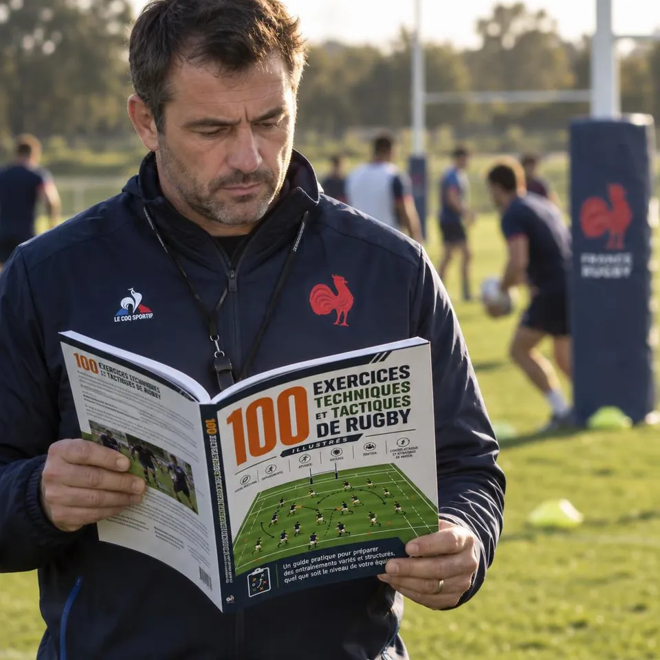 Un entraîneur français consulte le guide 100 exercices de rugby sur un terrain