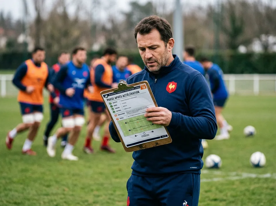 Un entraîneur français consulte la fiche sur un terrain de rugby