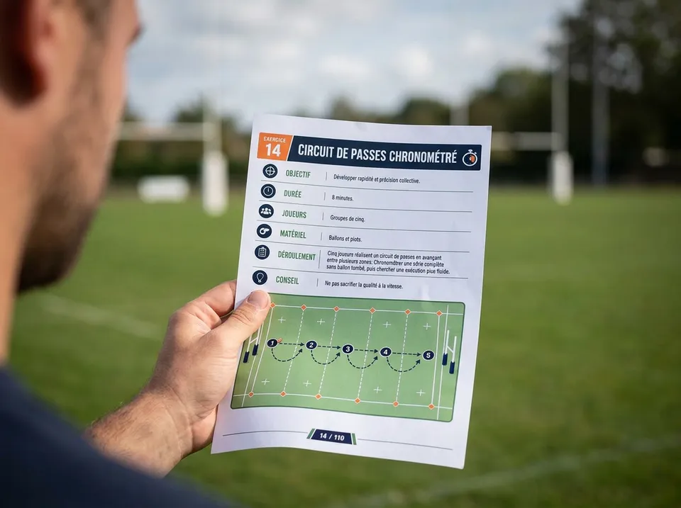 Une main tient une fiche A4 d’exercices de rugby