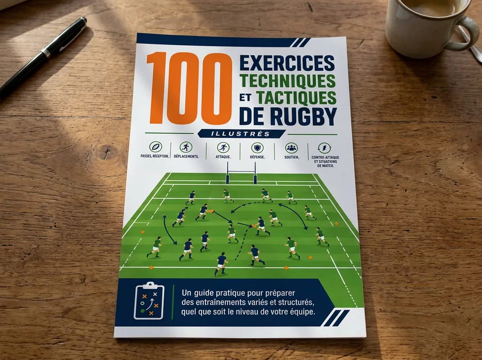 La guide 100 exercices de rugby imprimée en format A4 posée sur une table